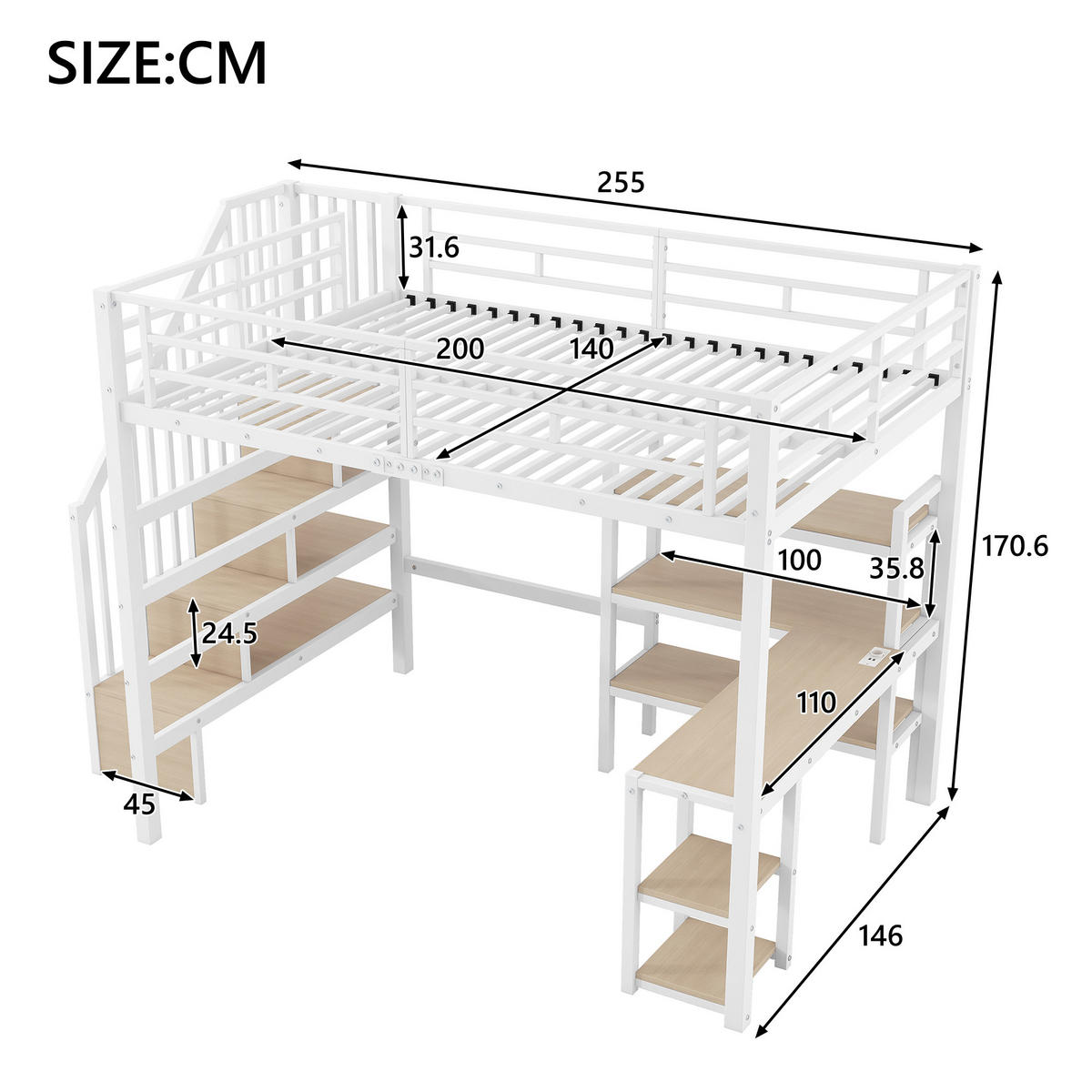 HOCHBETT 140/200 cm in Weiß mit Treppe, Schreibtisch, Regal, LED und USB - Weiß, Holzwerkstoff/Metall (140/200cm) - STILVORA