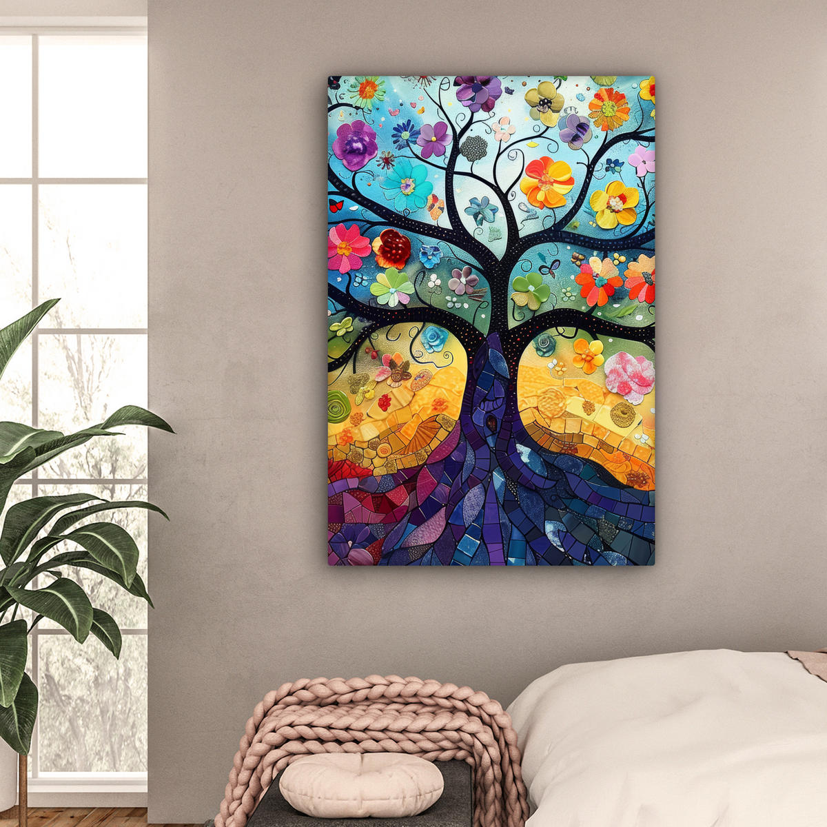 LEINWANDBILD Kunst - Baum des Lebens - Blumen - Hippie Deko XXL 80x120 cm - Dunkelblau, Textil (80/120cm) - MuchoWow