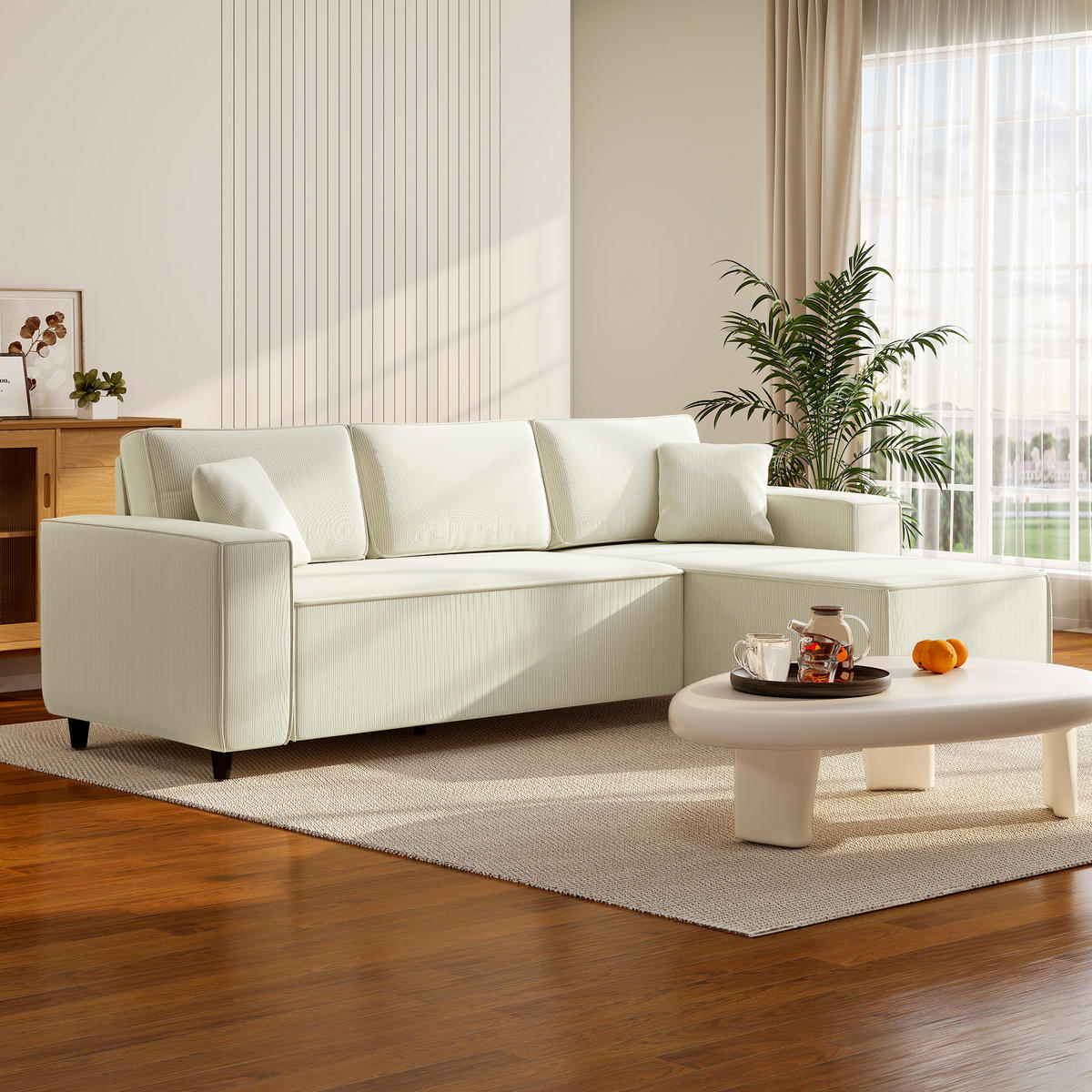 ECKSOFA Creme 3-Sitzer Cord 241/153/83 cm - Weiß, Textil (241/153cm) - PANGIVO