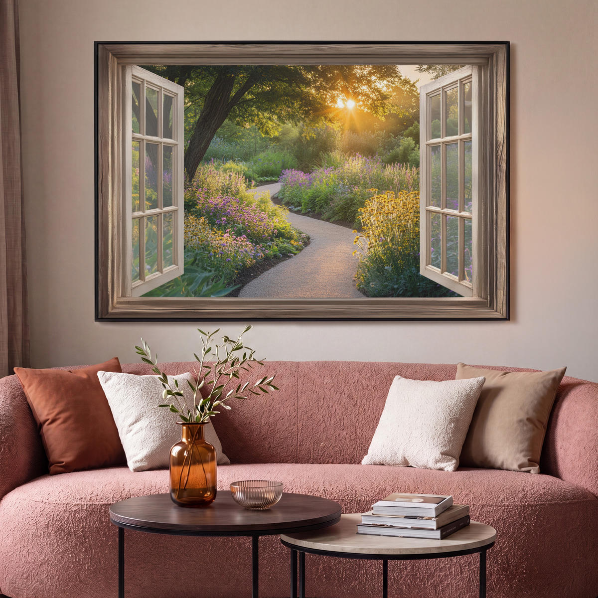 LEINWAND Bilder mit Rahmen - Aussicht - Blumen - Natur - Sonne - Weg - 120x80 - Hellgelb, Textil (120/80cm) - MuchoWow