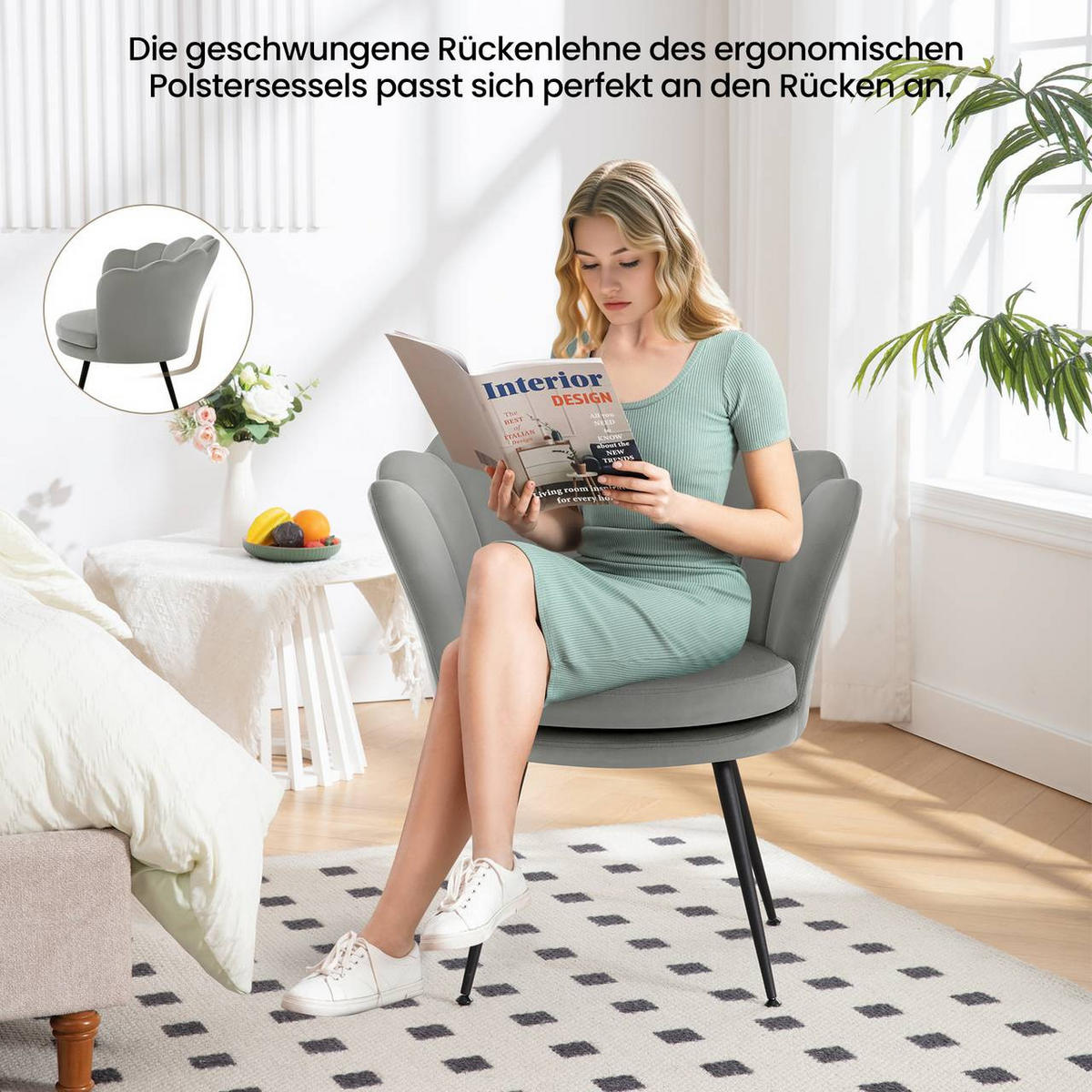 RELAXSESSEL Blumenform, Samtbezug, Grau - Schwarz/Grau, Textil/Metall (68/75/62cm) - Woltu