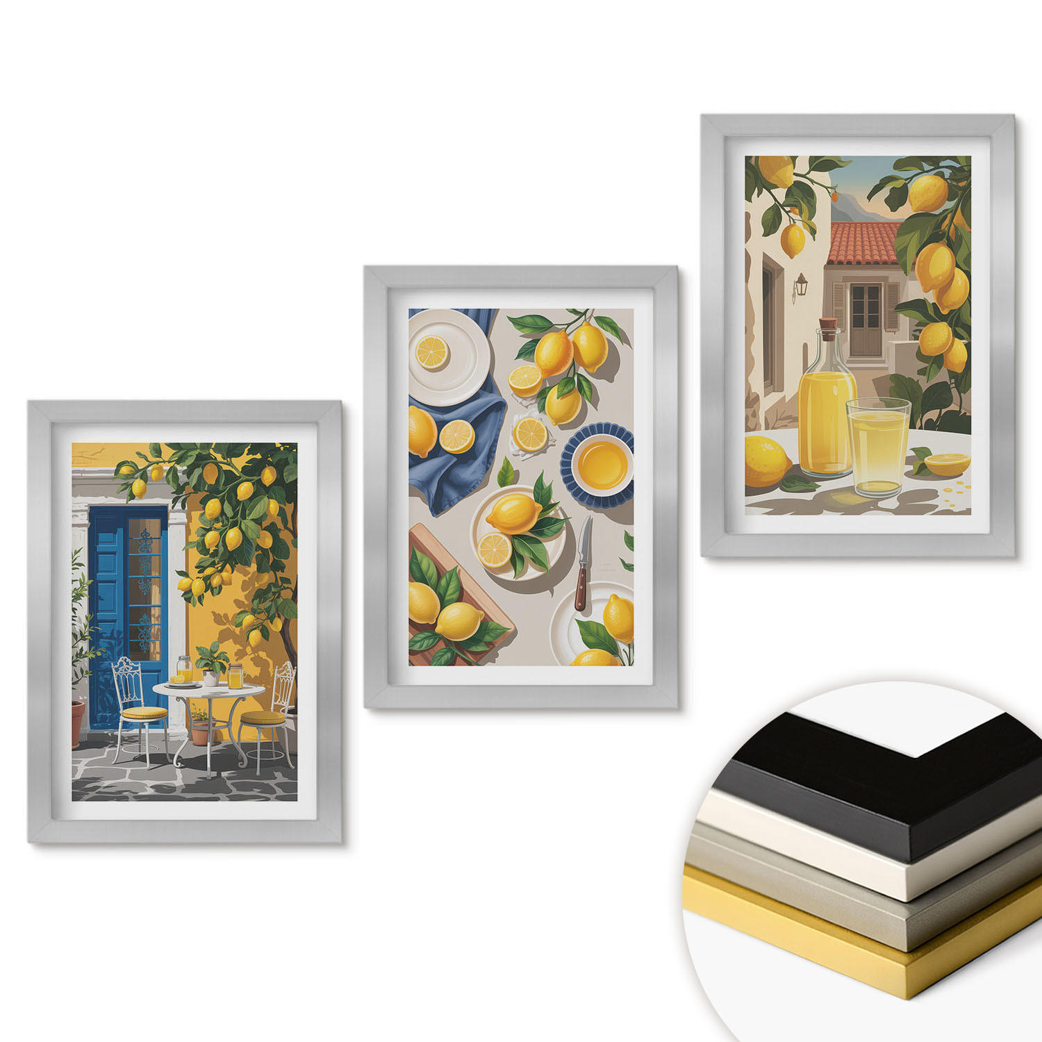 WANDBILDER 3er Set - 20x30 cm Silberner Rahmen - Zitronengarten mit Getränken - Silberfarben, Kunststoff (20/30cm) - ArtPrintCave