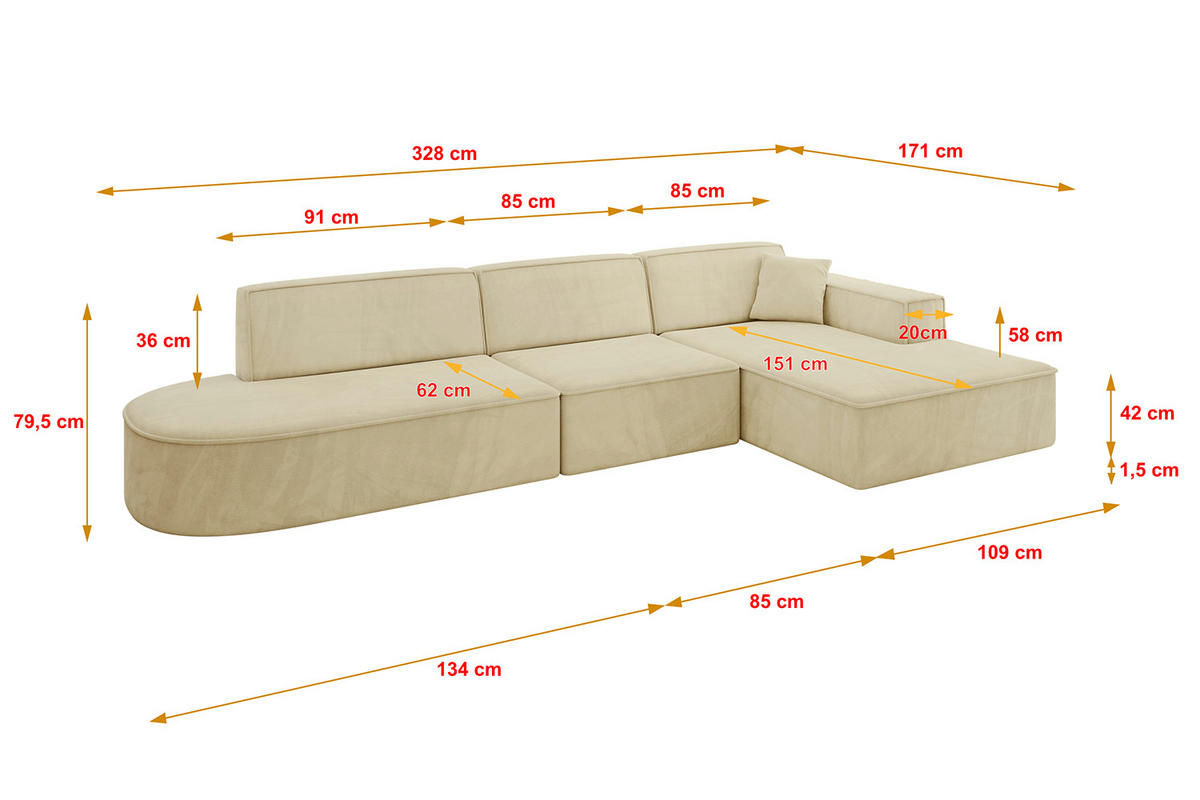 ECKSOFA Ottomane Rechts IREA-L2-v4 - 328x171x79 cm Beige - Taupe, Holzwerkstoff/Textil (171/328cm) - ALTDECOR