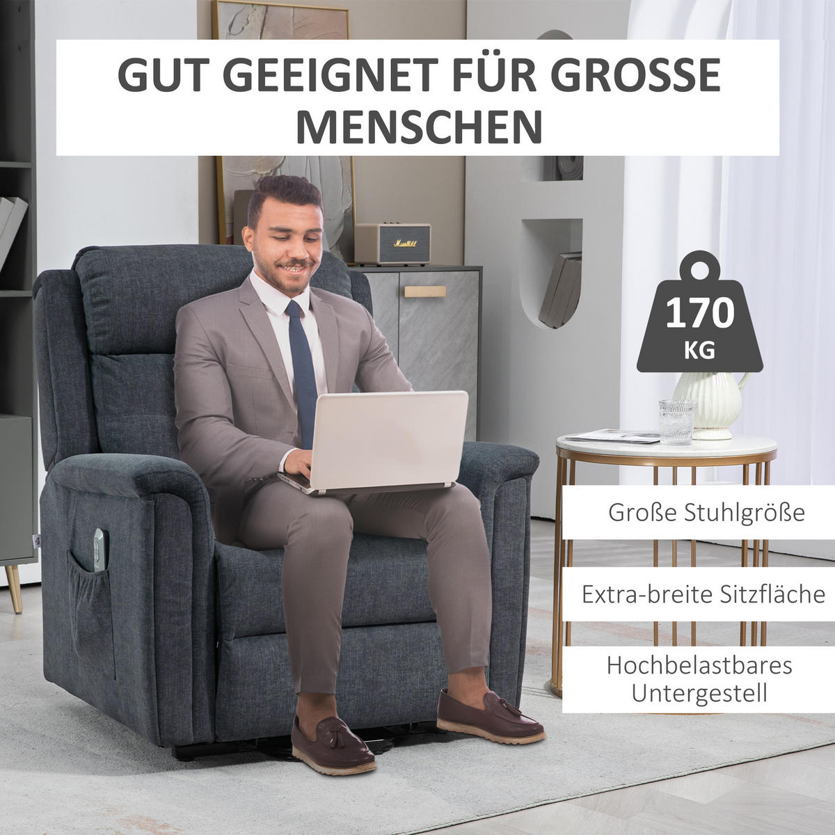 FERNSEHSESSEL mit Aufstehhilfe, Dunkelgrau - Dunkelgrau/Schwarz, Textil/Metall (87/108/92cm) - HOMCOM