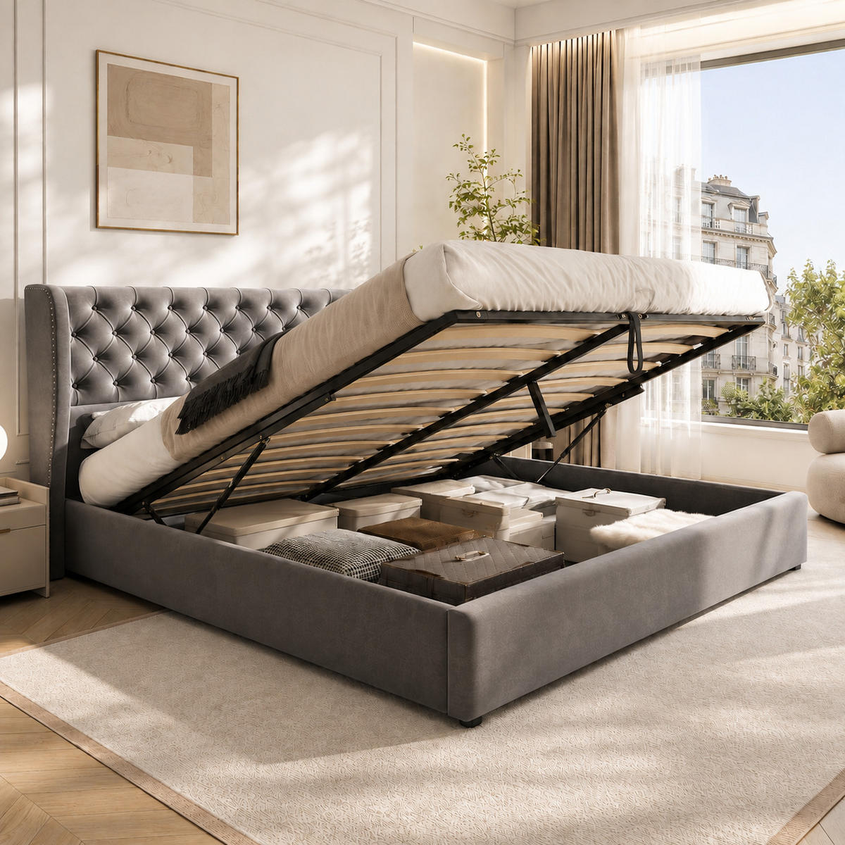 POLSTERBETT 160x200 cm Grau Samt mit Stauraum - Grau, Textil (160/200cm) - FLIEKS