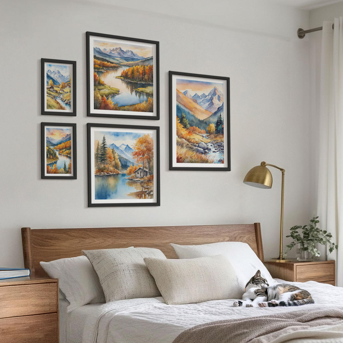 WANDBILDER 5er-Set - 50x50 cm & 20x30 cm & 40x60 cm Schwarzer Rahmen - Berglandschaft, Flusshütten - Schwarz, Kunststoff (40/60cm) - ArtPrintCave