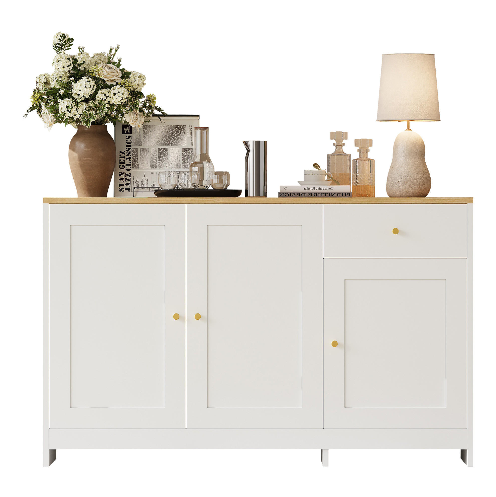 SIDEBOARD 120/40/75 cm mit 3 Türen, Schublade und verstellbaren Einlegeböden aus MDF und Spanplatte, Weiß/Natur - Weiß, Holzwerkstoff (120/75/40cm) - Redom