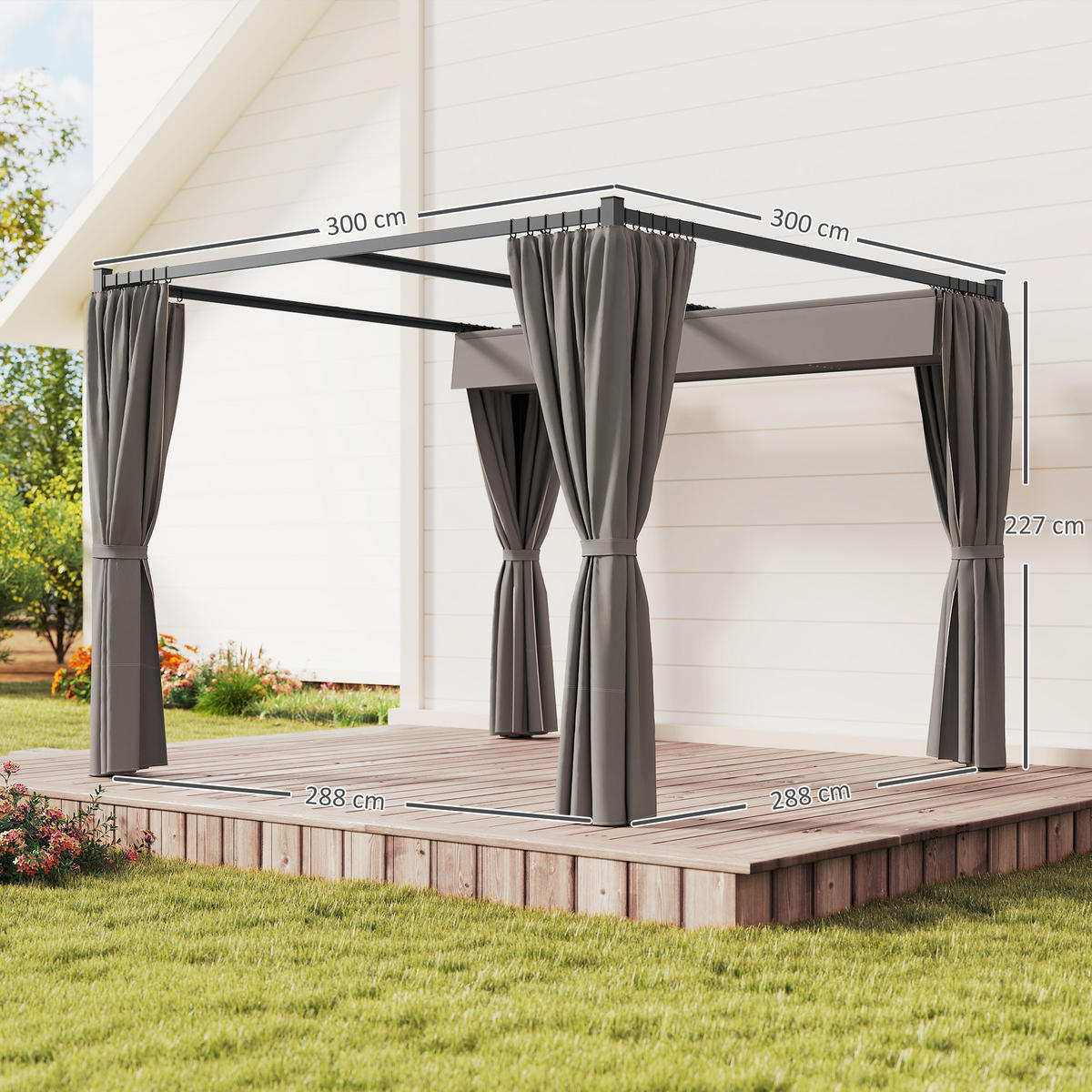 PERGOLA mit Schiebedach 4 Seitenwände Hellgrau 3 x 3 m - Hellgrau, Metall (300/227/300cm) - Outsunny
