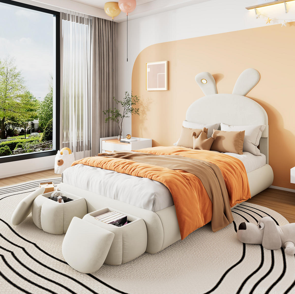 ČALÚNENÁ posteľ z zamatu 90x200 cm béžová s LED osvetlením, úložnými taburetkami a nastaviteľným čelom - béžová, textil (90/200cm) - Modfu