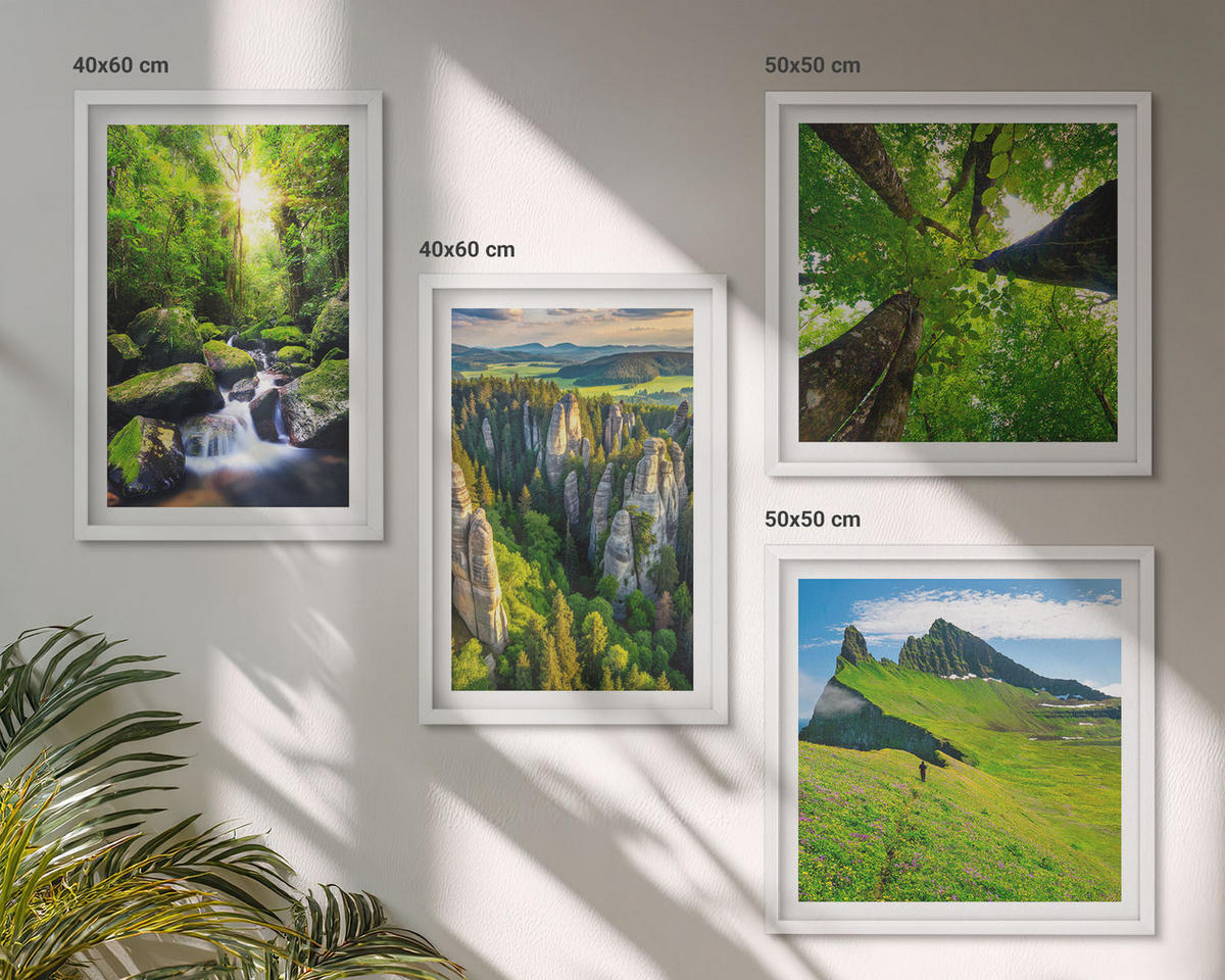 BILDER SET 4er Set - 50x50 cm & 40x60 cm Weißer Rahmen - Grüne Berge Wasserfallwald - Weiß, Kunststoff (50/50cm) - TULUP
