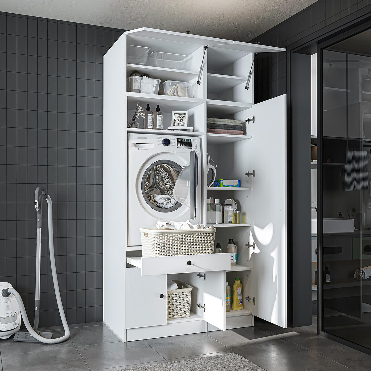 WASCHMASCHINENSCHRANK Serie 1 112cm Breit, 230cm Hoch - Weiß, Holzwerkstoff (112/230/67cm)