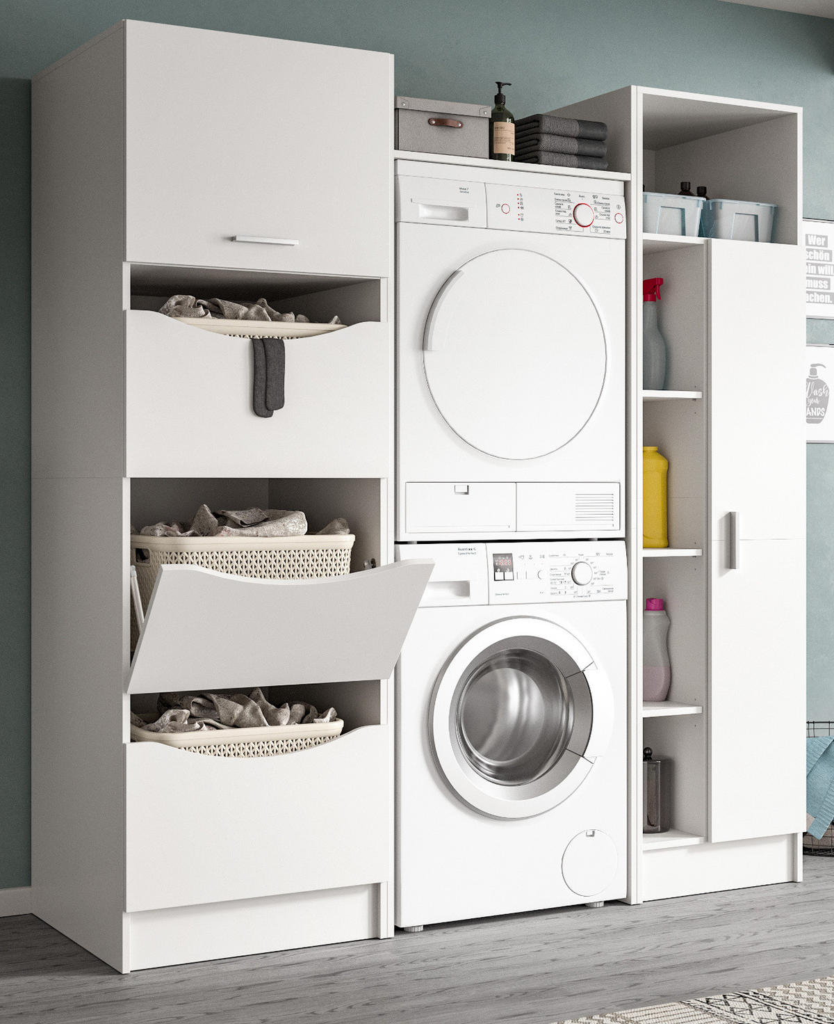 WASCHMASCHINENSCHRANK weiß Set 3-teilig 176 cm, Waschmaschinenumbau mit Stauraum - Silberfarben/Weiß, Glas/Holzwerkstoff (176/195/68cm) - Inn.Furn