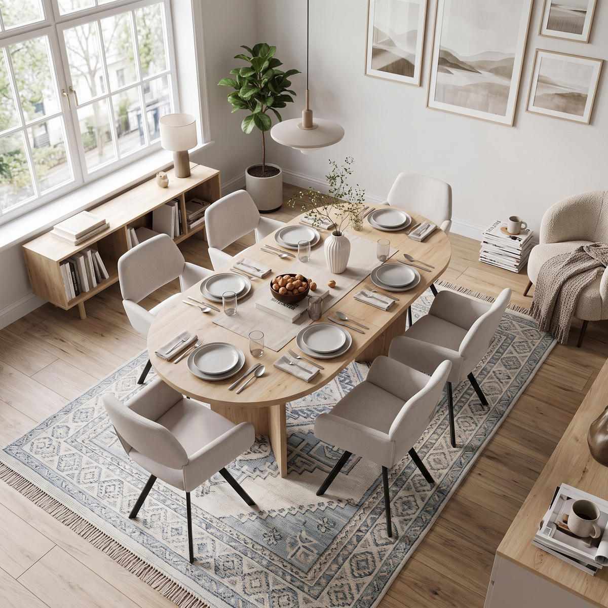 ESSGRUPPE 1+6 Ausziehbarer Tisch Eiche 120-160cm & 6 beige Drehstühle - Eichefarben, Holzwerkstoff (160/75.5/80cm) - Urban Meuble