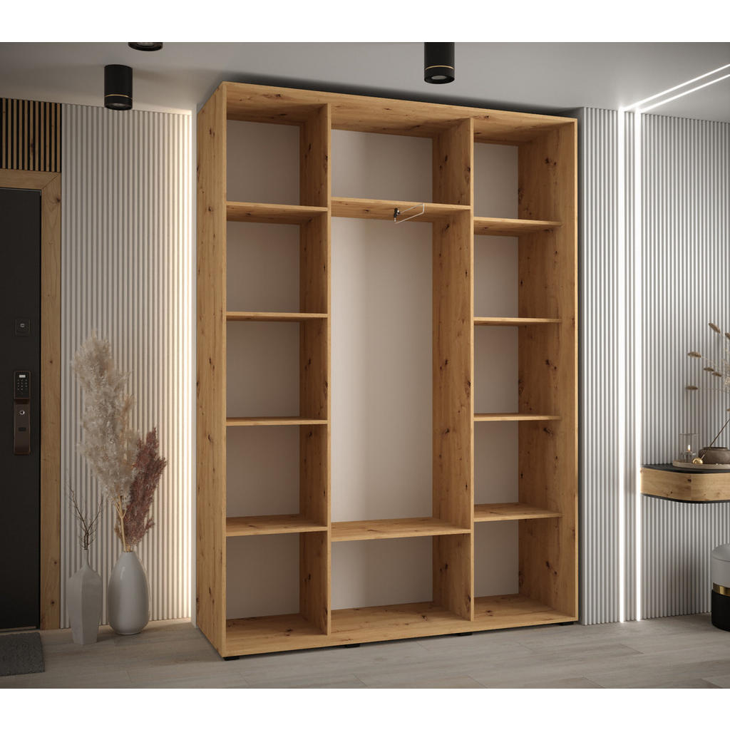 Thumbnail - Abiks Möbel Schwebetürenschrank, Eiche Artisan, Weiß, Silber, Metall, Nachbildung, 6 Fächer, 170x235x45 cm, Schlafzimmer...