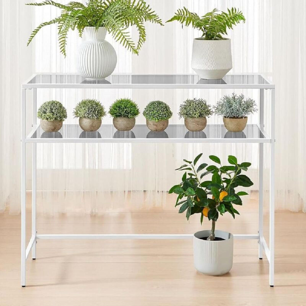 METALLKONSOLE mit 2 Regalen aus gehärtetem Glas 30/90/80 cm - Weiß, Metall (31/30/80cm) - Calicosy