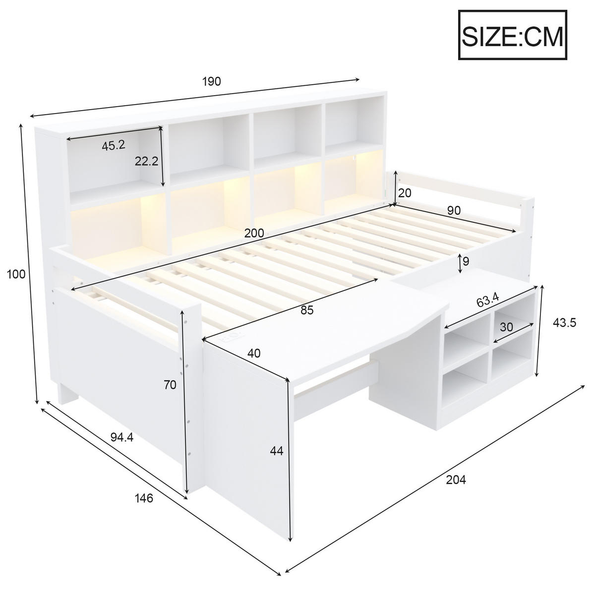 MULTIFUNKTIONSBETT mit Schreibtisch 90x200 cm Holz White - Weiß, Holz (90/200cm) - Meubliv