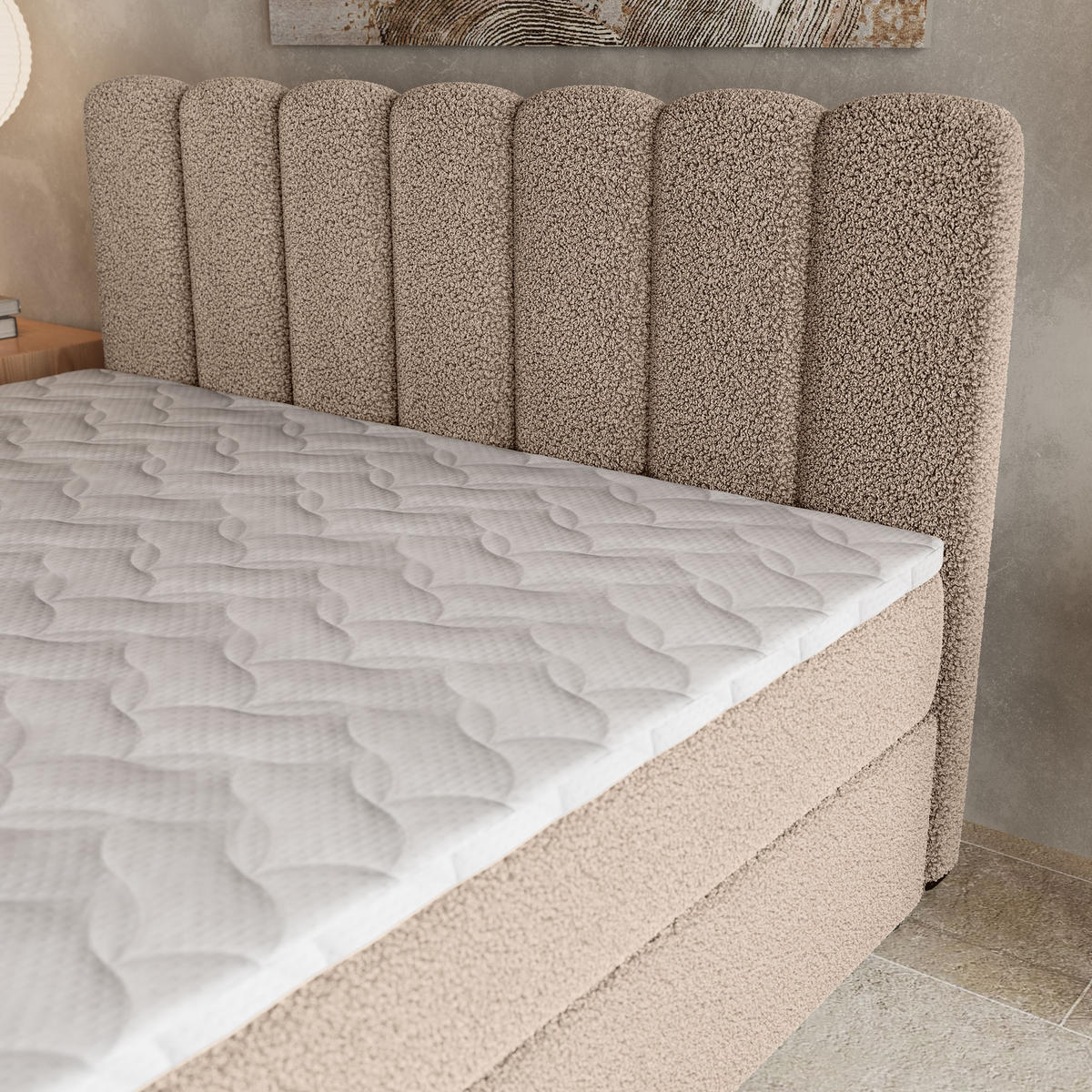 BOXBETT SOLIA 140x200 cm mit Matratze und Topper, H2+H3 - Beige - Beige, Holz (140/200cm) - MASSENO