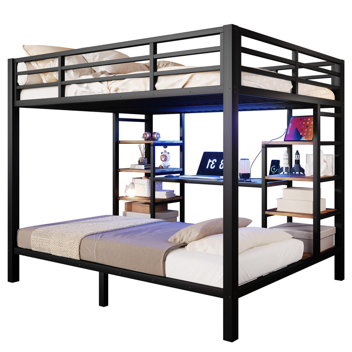 ETAGENBETT 90/200 cm + 140/200 cm Schwarz, Metallgestell mit Stauraum und LED-Beleuchtung - Schwarz, Metall