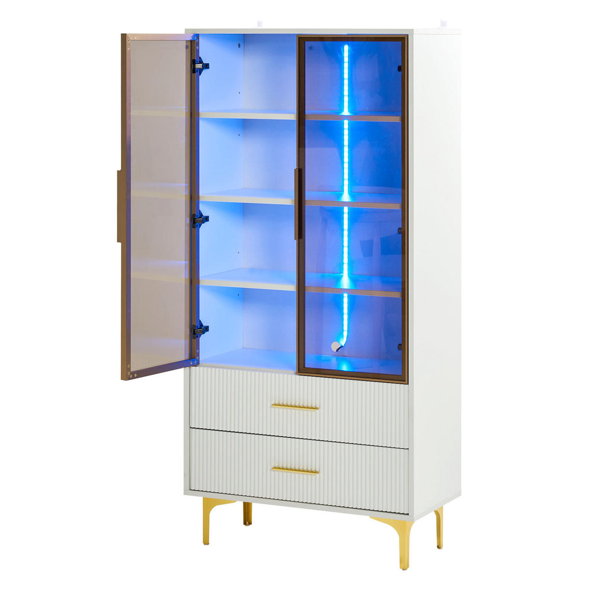 HIGHBOARD mit Glastüren 70/35/150 cm in Weiß mit LED und 2 Schubladen - Weiß, Holzwerkstoff (70/150/35cm) - BEAOK