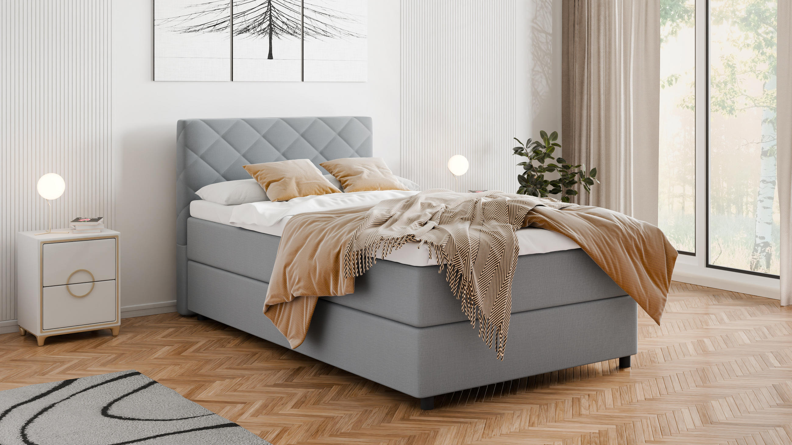 BOXBETT Diamaro 120x200 cm mit Bettkasten und Topper - Hellgrau - Hellgrau, Holz (120/200cm) - Panda Möbel