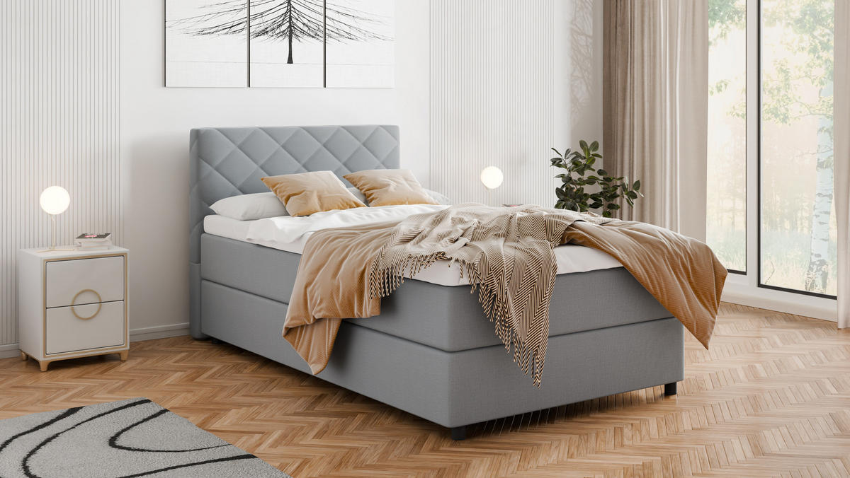 BOXBETT Diamaro 120x200 cm mit Bettkasten und Topper - Hellgrau - Hellgrau, Holz (120/200cm) - Panda Möbel