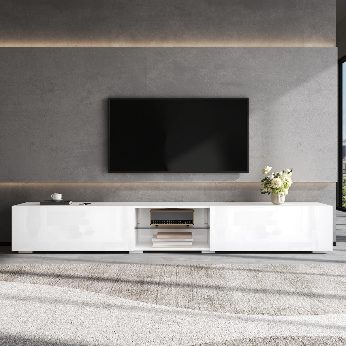 TV-SCHRANK 200/30/30 cm Weiß mit LED-Beleuchtung und 2 Türen - Weiß, Holzwerkstoff (200/30/30cm) - Oxeza
