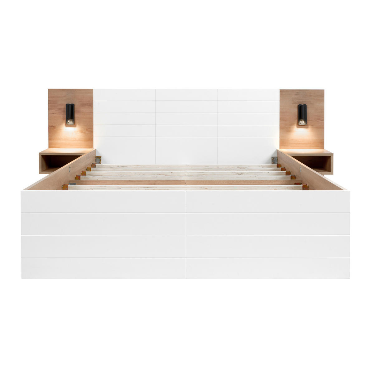 DOPPELBETT 180/200 cm mit Leselicht, USB-Anschluss, 2 Schubladen und 2 Nachtkommoden, Weiß/Eiche - Weiß, Holzwerkstoff (180/200cm) - Redom