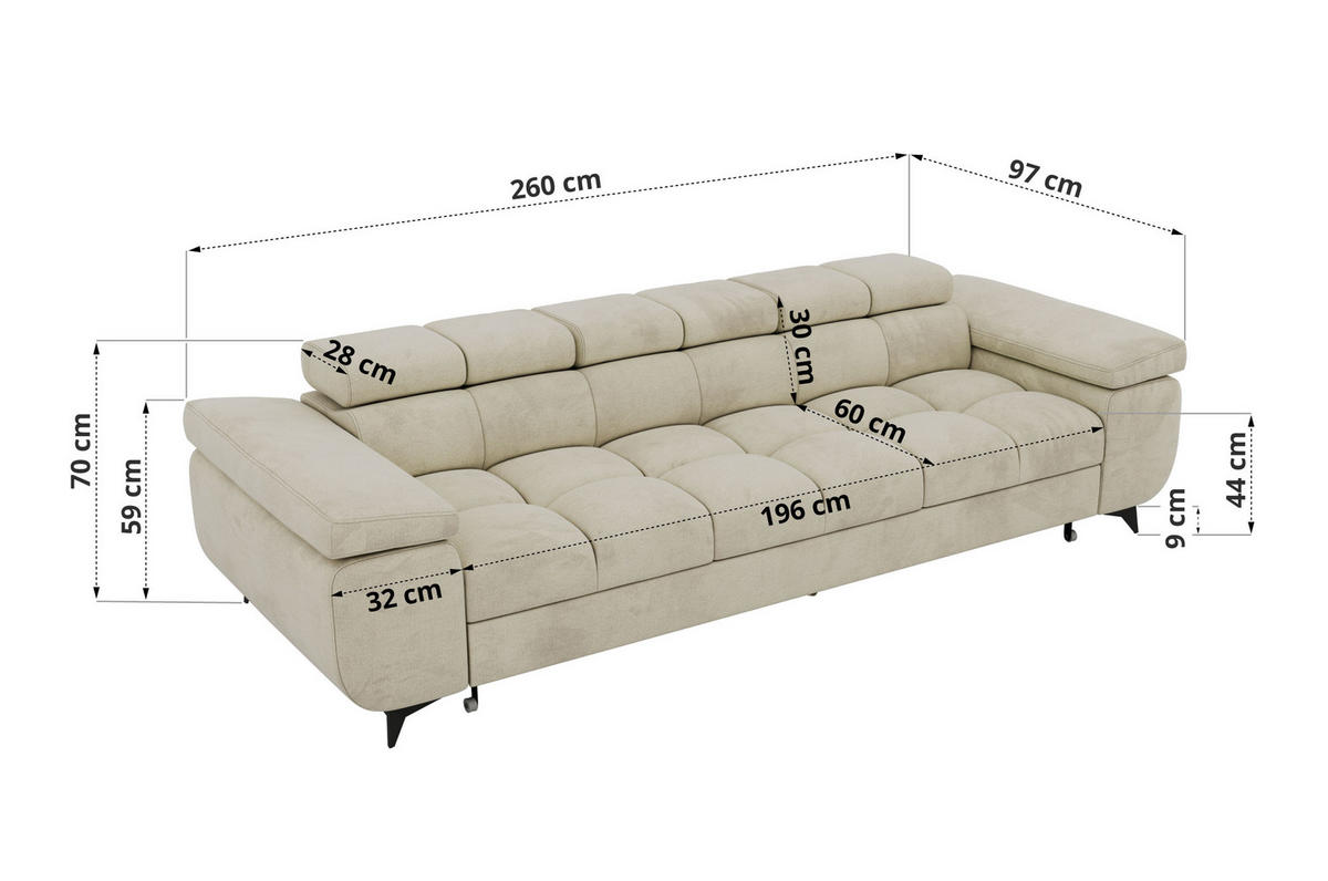 TŘÍMÍSTNÁ POHOVKA NIDELLO - Béžová Samet - černá/béžová, kov/textil (260/70/97cm) - MKS