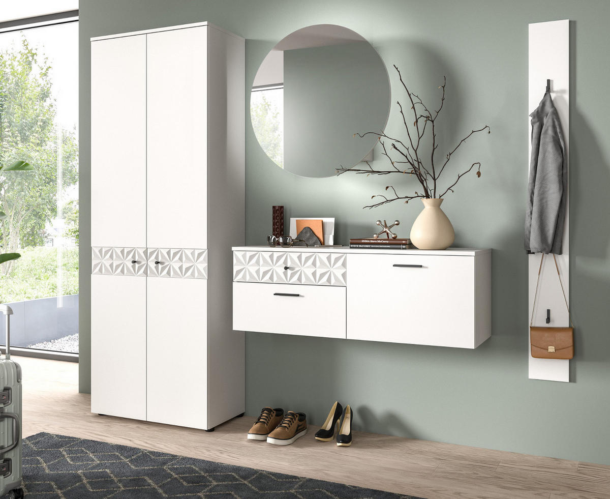 GARDEROBENSCHRANK weiß Hochglanz 70 x 192 cm, Schuhschrank mit 3D-Struktur - Weiß Hochglanz/Schwarz, Holzwerkstoff/Kunststoff (70/192/35cm) - Inn.Furn