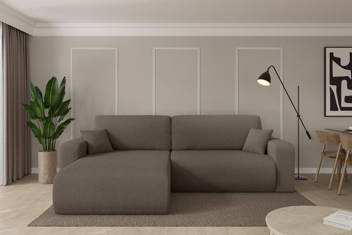 ROHOVÁ SEDAČKA s funkcí spaní, otoman vlevo BERY-L 276x193x88 hnědá bouclé - černá/hnědá, kompozitní dřevo/textil (276/193cm) - ALTDECOR