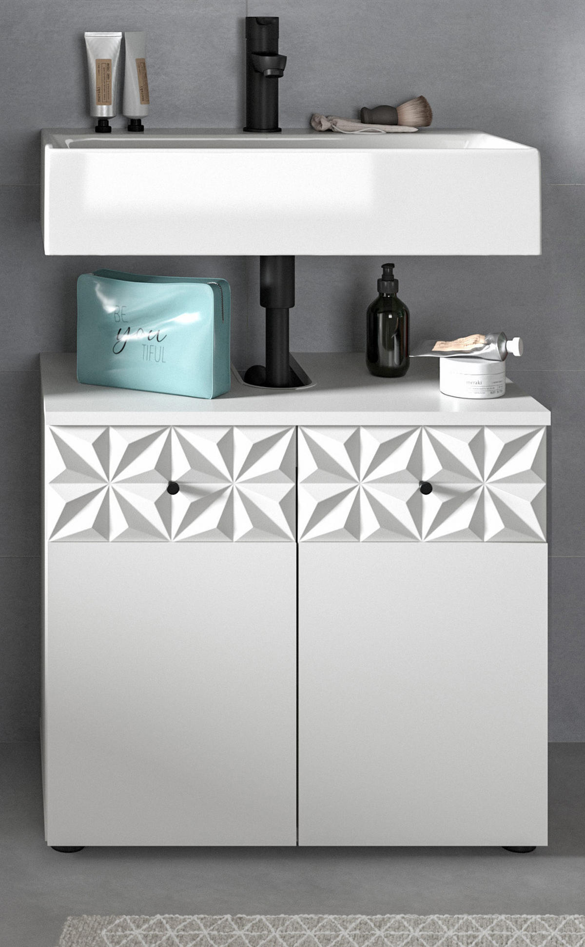 WASCHBECKENUNTERSCHRANK weiß Hochglanz 60 cm, Badschrank mit 3D-Struktur - Weiß Hochglanz/Schwarz, Holzwerkstoff/Kunststoff (60/54/34cm) - Inn.Furn