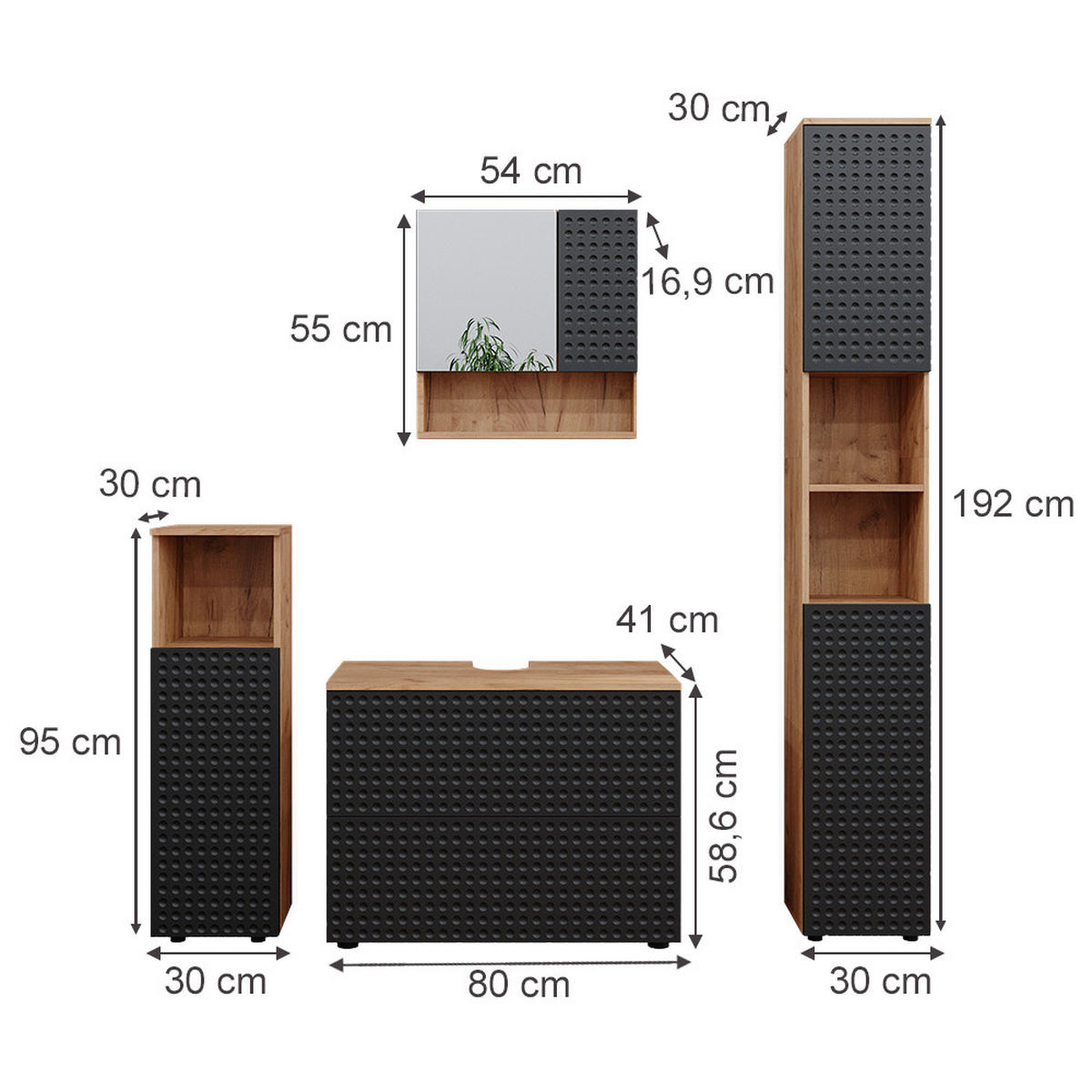 BADMÖBEL-SET Irma Anthrazit gepunktet 4 Teile - Honigeiche/Anthrazit, Holzwerkstoff (80/58/41cm) - Vicco