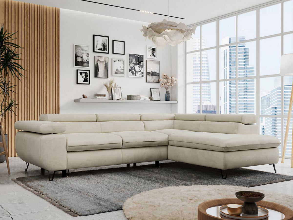 ECKSOFA PETER L Beige Velvet - Rechts Seite - Beige/Schwarz, Textil/Metall (273/208cm) - MKS