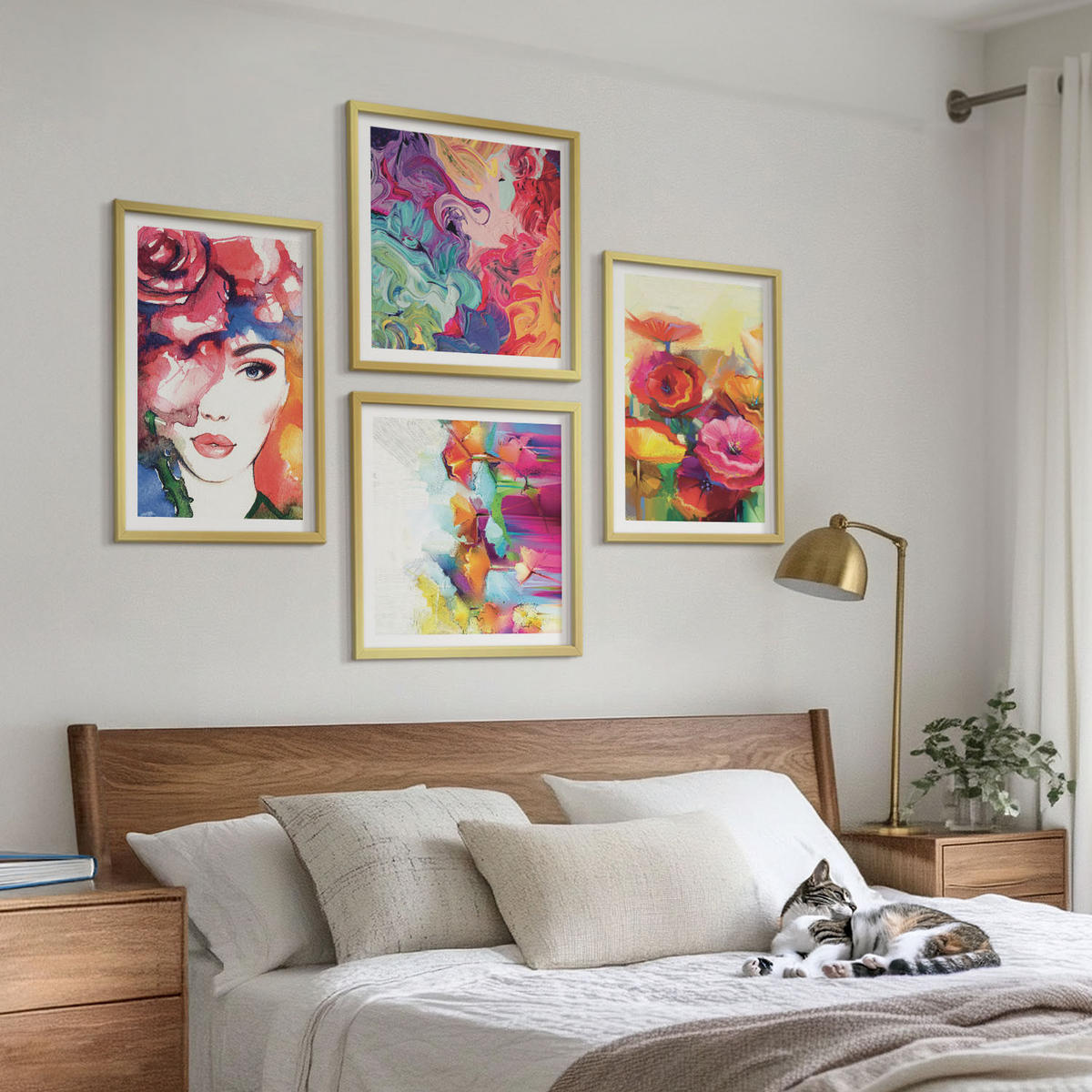 WANDBILDER 4er Set - 50x50 cm & 40x60 cm Goldrahmen - Porträt von Blumen in intensiven Farben - Goldfarben, Kunststoff (50/50cm) - ArtPrintCave