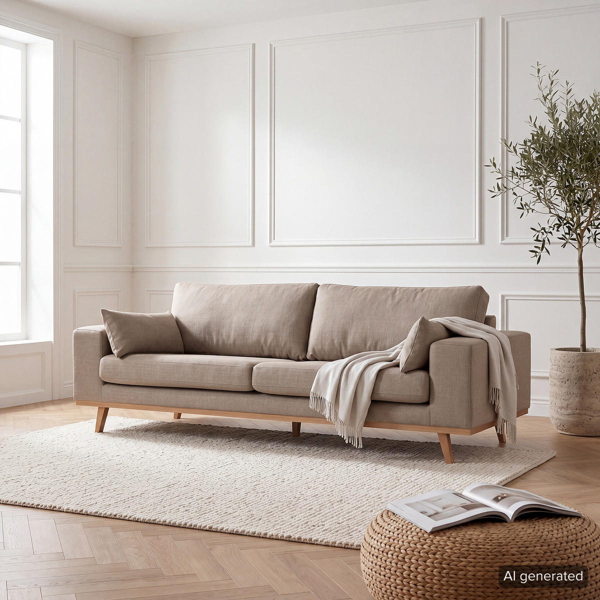3-SITZER SOFA - Taupe/Buchefarben, Holz/Buchenholz (237/81/88cm) - home24