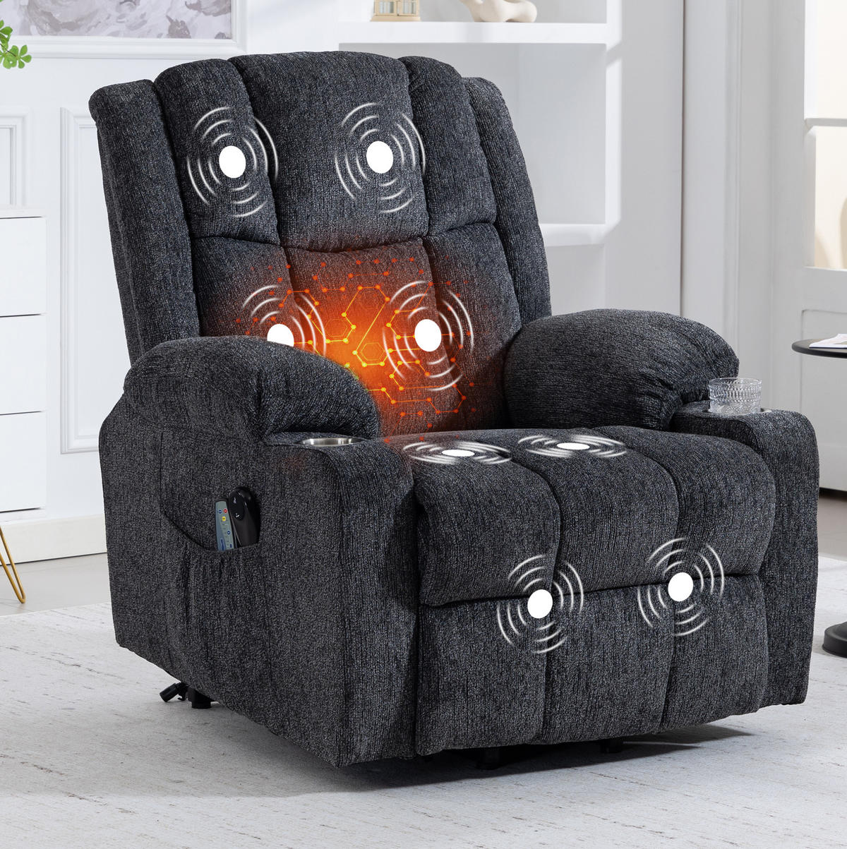 ELEKTRISCHER Relaxsessel Samt mit Aufstehhilfe, Massage, Wärme 91/84/106 cm Dunkelgrau - Dunkelgrau, Textil (84/106/91cm) - Redom