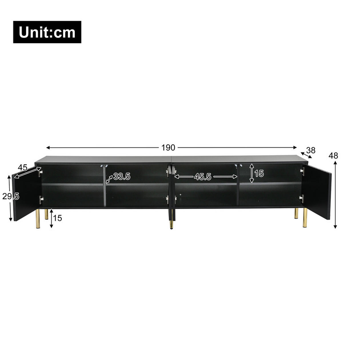 TV-SCHRANK 190x38cm Schwarz mit goldenen Tischbeinen - Schwarz, Holz (46/27/60cm) - FLIEKS