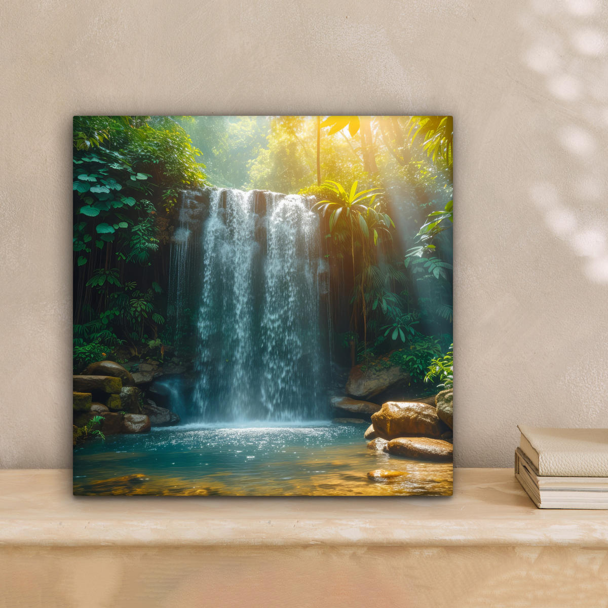 LEINWANDBILD Wasserfall - Dschungel - Sonne - Grün - Natur 20x20 cm - Grün, Textil (20/20cm) - MuchoWow