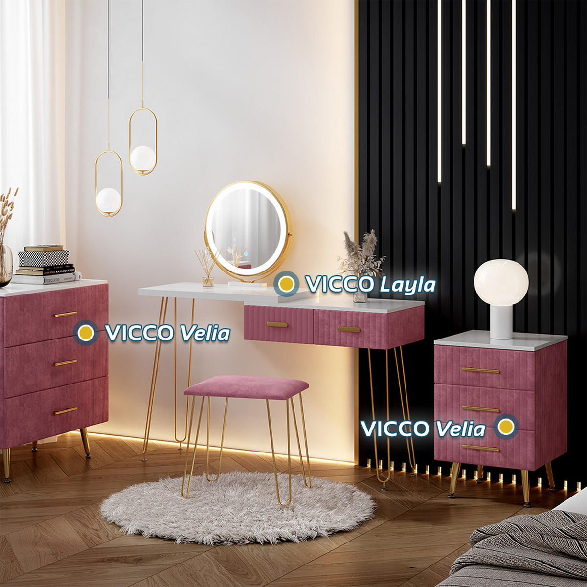 NACHTTISCH Velia Rosa 41 x 62 cm 2er Set - Pink, Holzwerkstoff (41/62/40.5cm) - Vicco