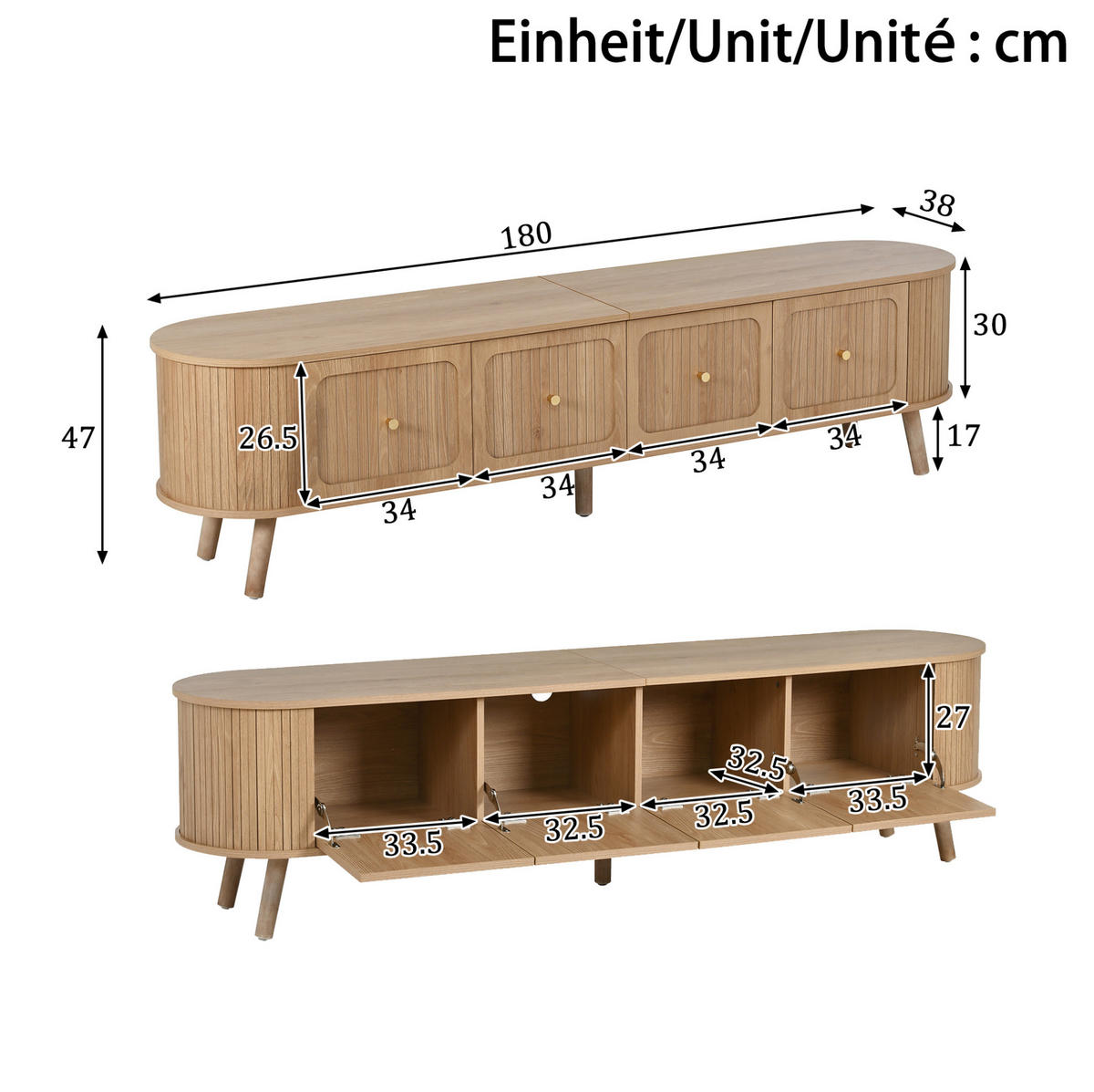 TV-SCHRANK aus MDF und Holzwerkstoff 180x38x47 cm Eichefarben mit Klapptüren und Stauraum im Vintage-Look - Braun, Holzwerkstoff (180/47/38cm) - Modfu