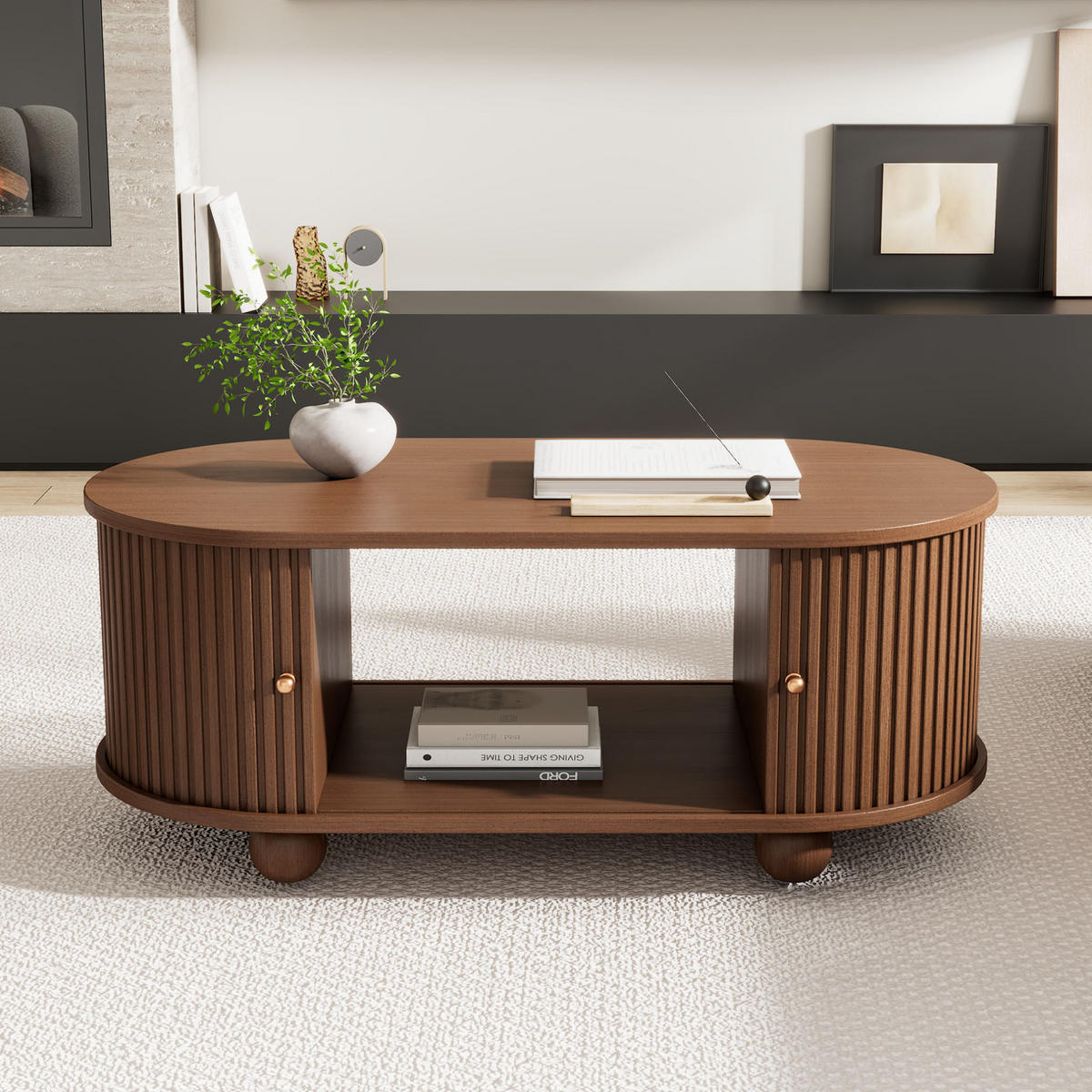 COUCHTISCH 100/50 cm in Walnussfarbe mit Stauraum und Schiebetüren - Walnussfarben, Holzwerkstoff (100/50/40cm) - BEAOK