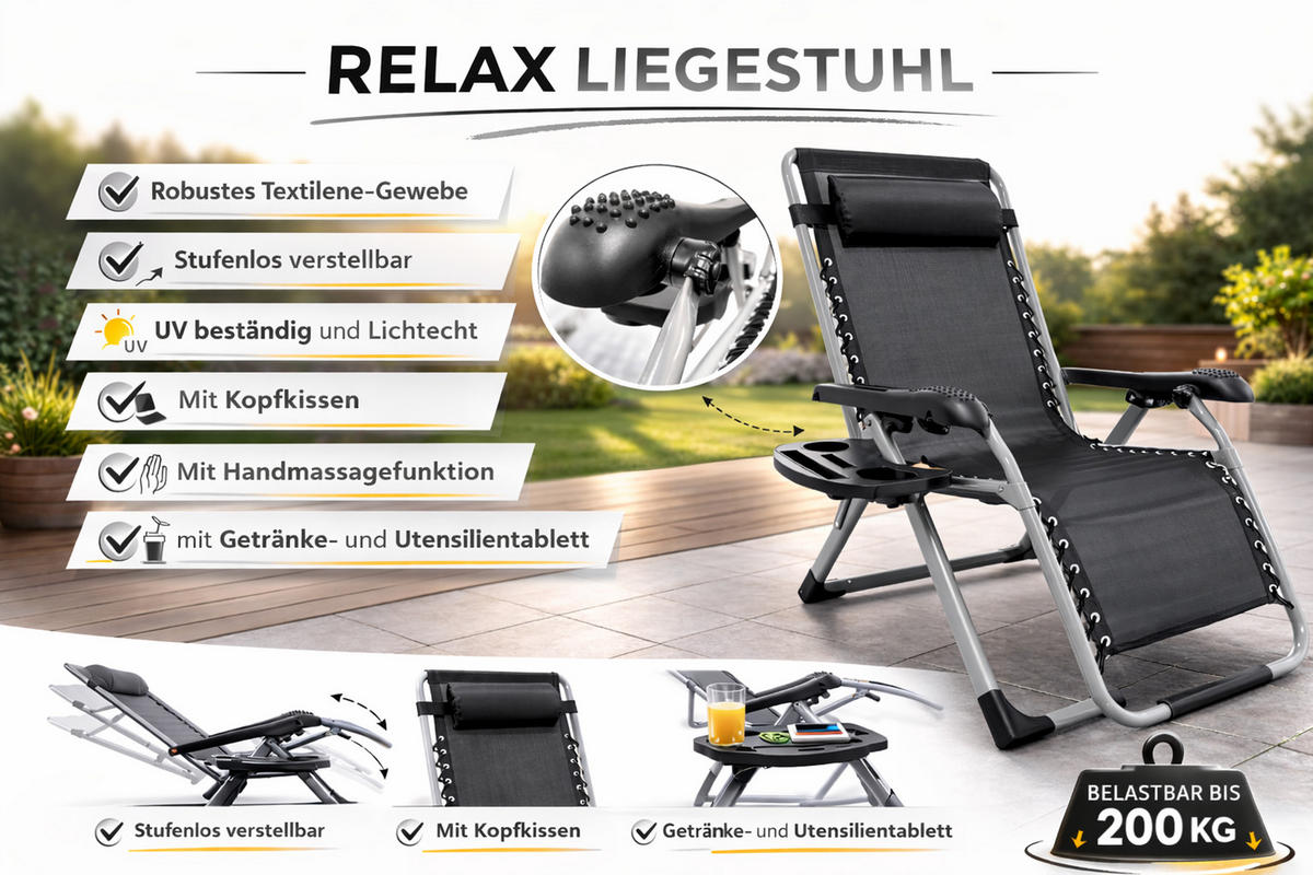 LIEGESTUHL mit Nackenkissen und Getränkehalter, Schwarz - Schwarz/Grau, Metall (73/110/81cm) - QUICK STAR
