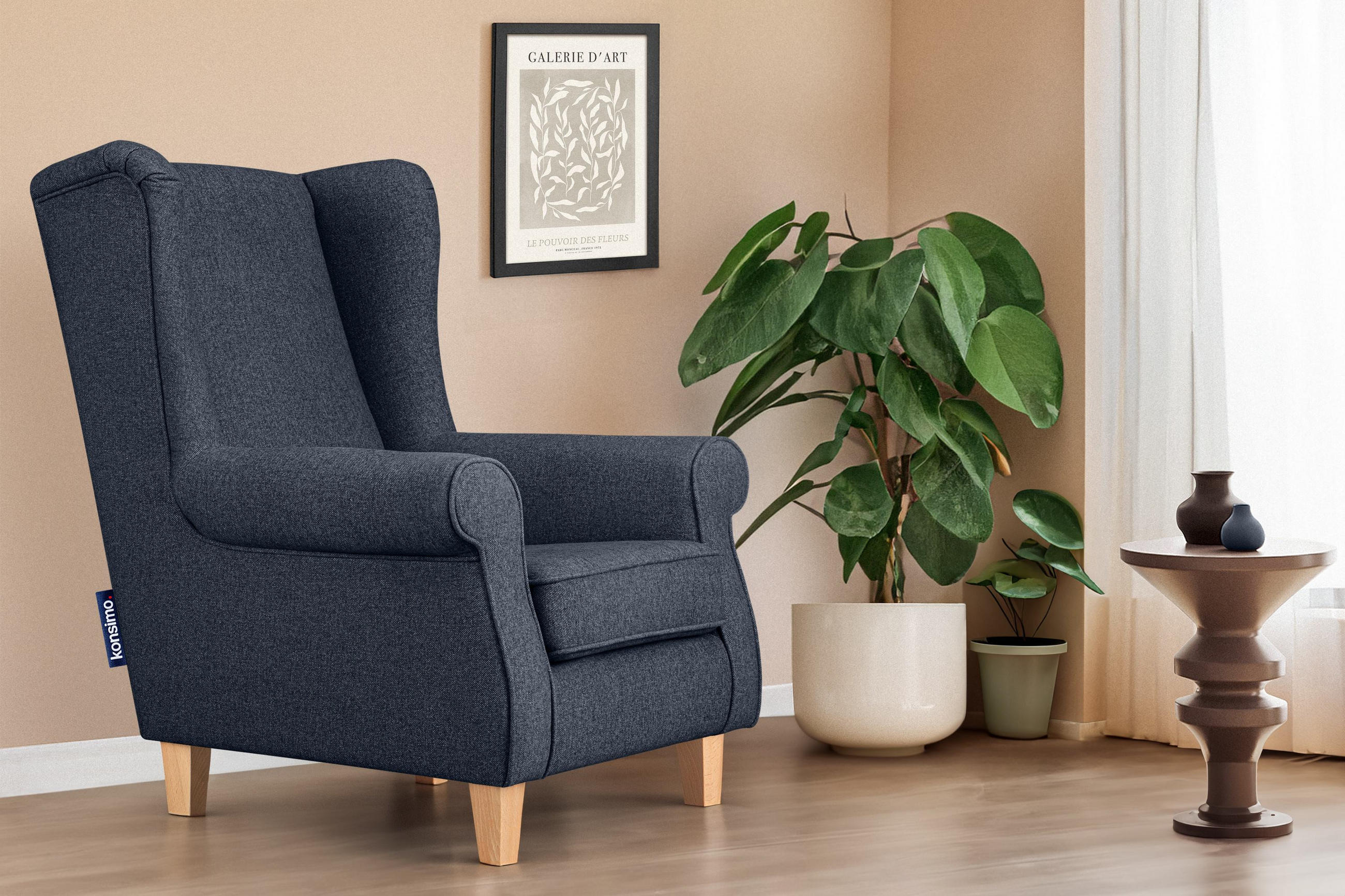 OHRENSESSEL MILES mit Armlehnen, navyblau - Blau/Grün, Holz/Textil (82/105/97cm) - KONSIMO®