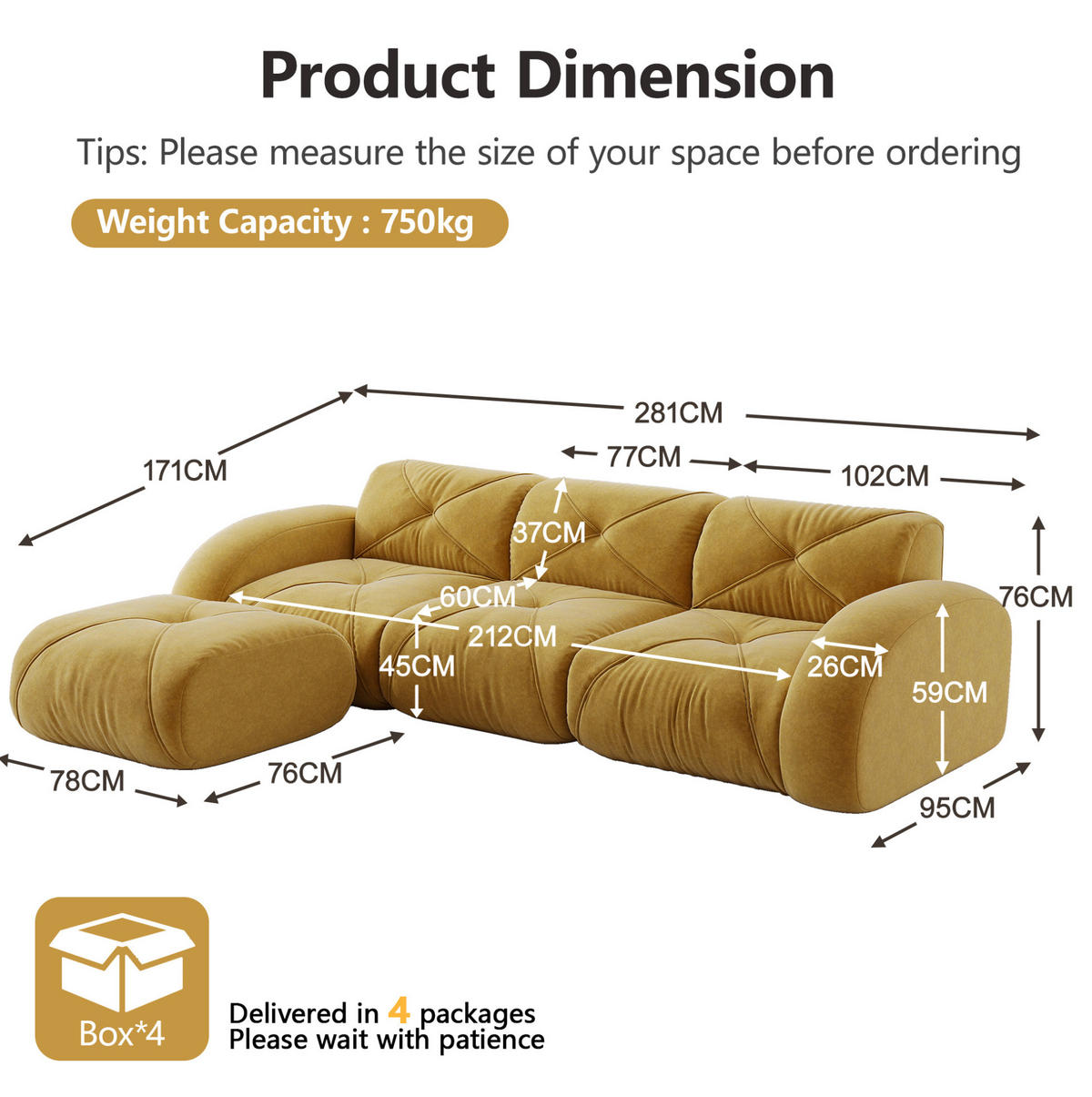 SOFA modular Chenille Yellow mit Hocker - Gelb, Kunststoff (171/281cm) - Meubliv