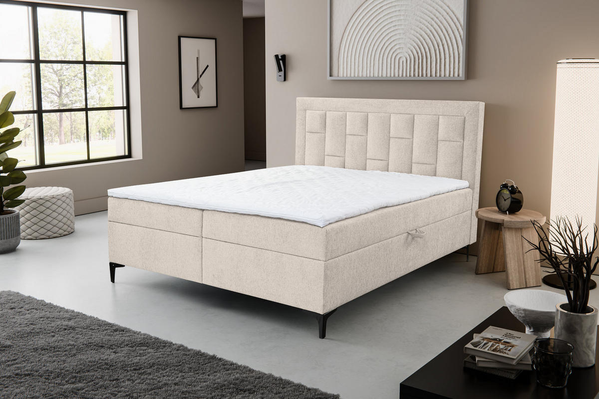 BOXBETT VENEZIA mit 2 Bettkästen, Maße: 140x200 cm, Farbe: Beige , Velourstoff, mit Bonell-Matratze inkl. Topper - Beige, Holz/Kunststoff (140/200cm) - VENASI MÖBEL