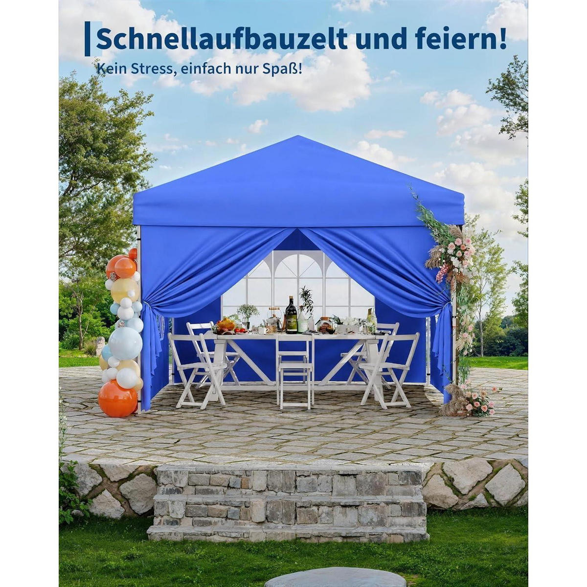 FALTPAVILLON 3 x 3 m wasserdicht mit 4 Seitenwänden Blau - Blau, Textil (300/260/300cm)