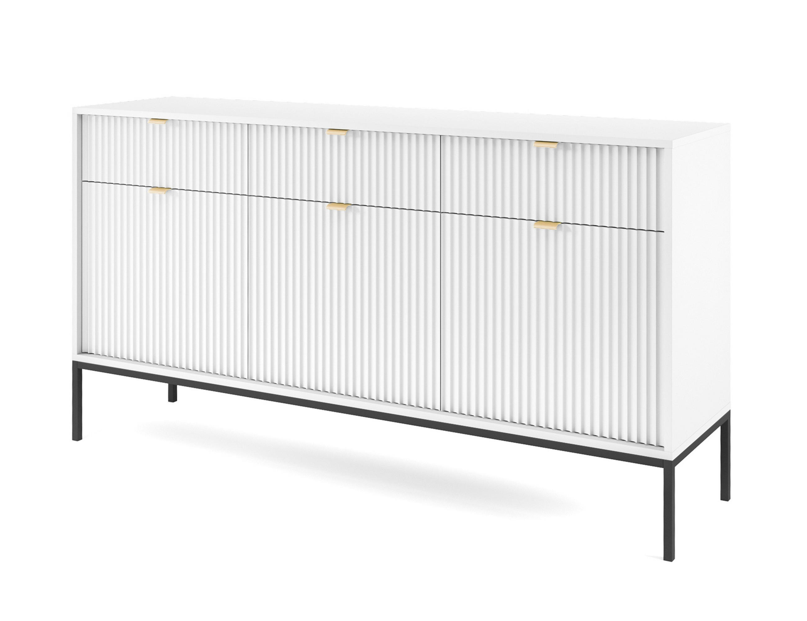 SIDEBOARD Eternas 3T 3S Weiß 154/83/39 cm – schwarze Füße, mit geriffelten Fronten - Schwarz/Weiß, Holzwerkstoff (154/83/39cm) - AX Living
