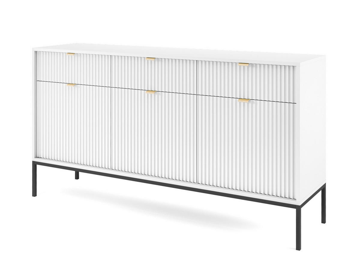 SIDEBOARD Eternas 3T 3S Weiß 154/83/39 cm – schwarze Füße, mit geriffelten Fronten - Schwarz/Weiß, Holzwerkstoff (154/83/39cm) - AX Living