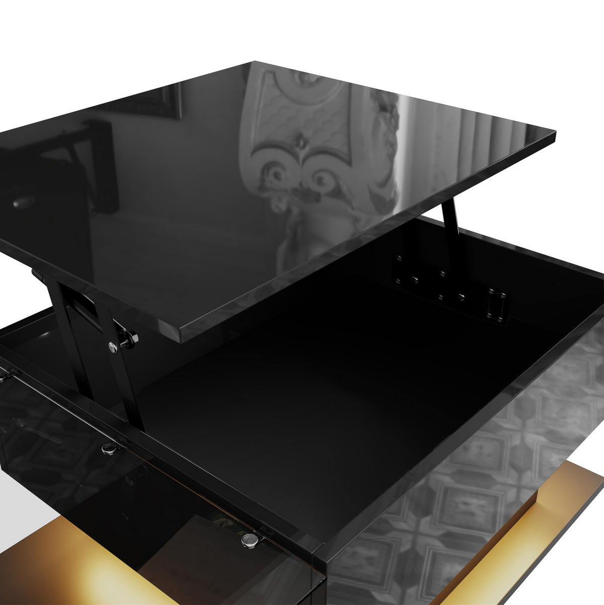 COUCHTISCH 100/50 cm Schwarz aus Spanplatte und Glas mit höhenverstellbarer Platte und LED - Schwarz, Holzwerkstoff (100/50/33cm) - OKMYHOME