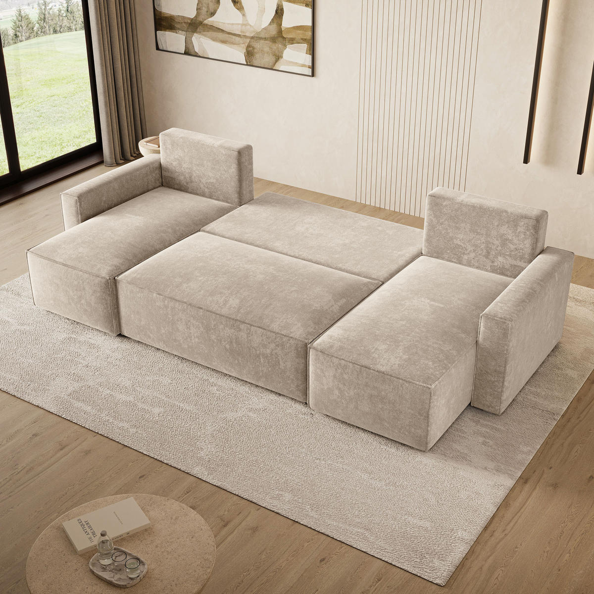 WOHNLANDSCHAFT ASPRA LM Creme Chenille mit Schlaffunktion - Creme, Holz (295/85/140cm) - MASSENO